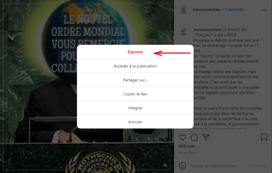 Cliquer ensuite sur le bouton rouge "Signaler" en haut du menu sur Instagram