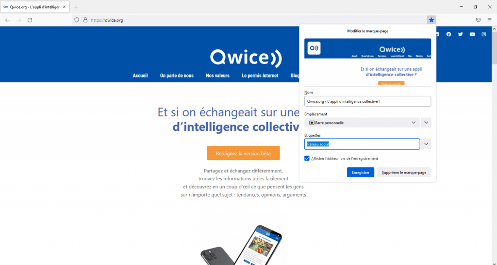 Ajout de Qwice aux marque-pages d'un navigateur